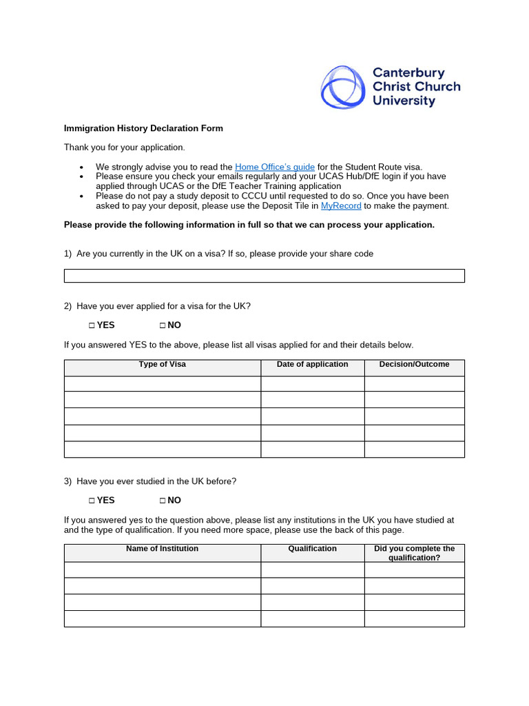 Immigration History Declaration Form | PDF | Travel Visa | Immigration