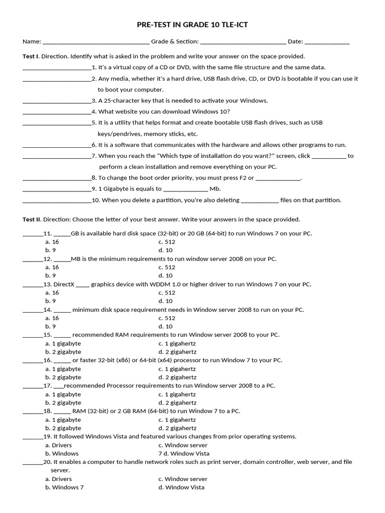 Grade 10 TLE-ICT Pre-Test Guide | PDF | Usb Flash Drive | 64 Bit Computing
