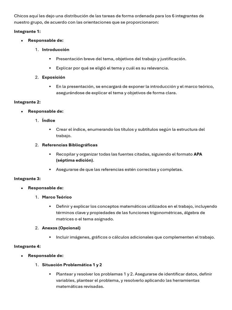 Distribución de Tareas en Proyecto Matemático | PDF | Matriz ...