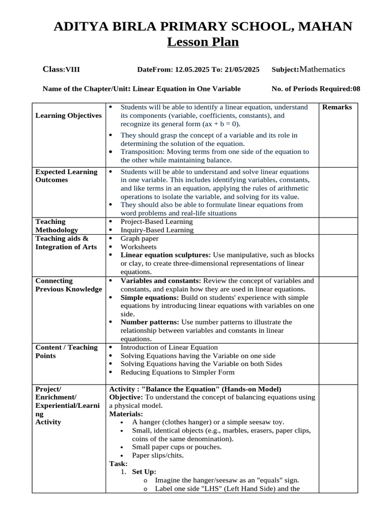 Class 8 Lesson Plan: Linear Equations | PDF | Equations | Variable ...