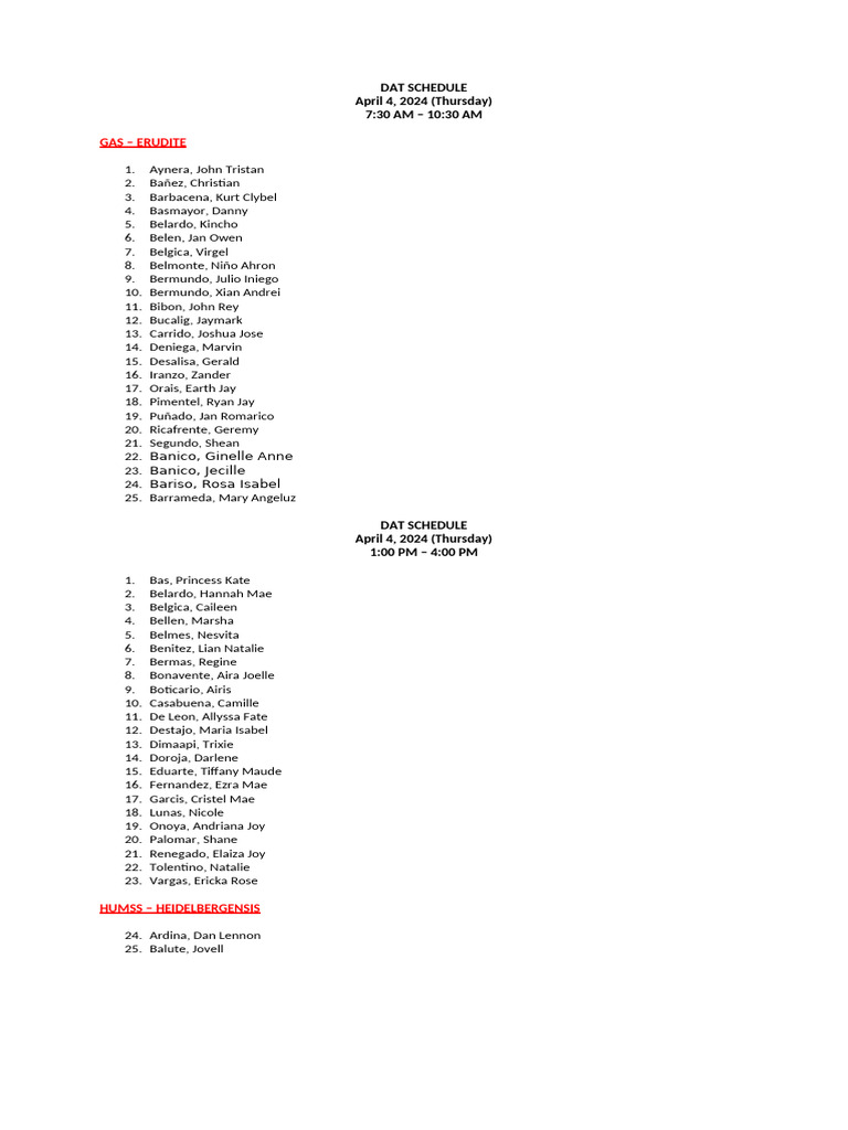 DAT Schedule for Rexzane Alzaga | PDF