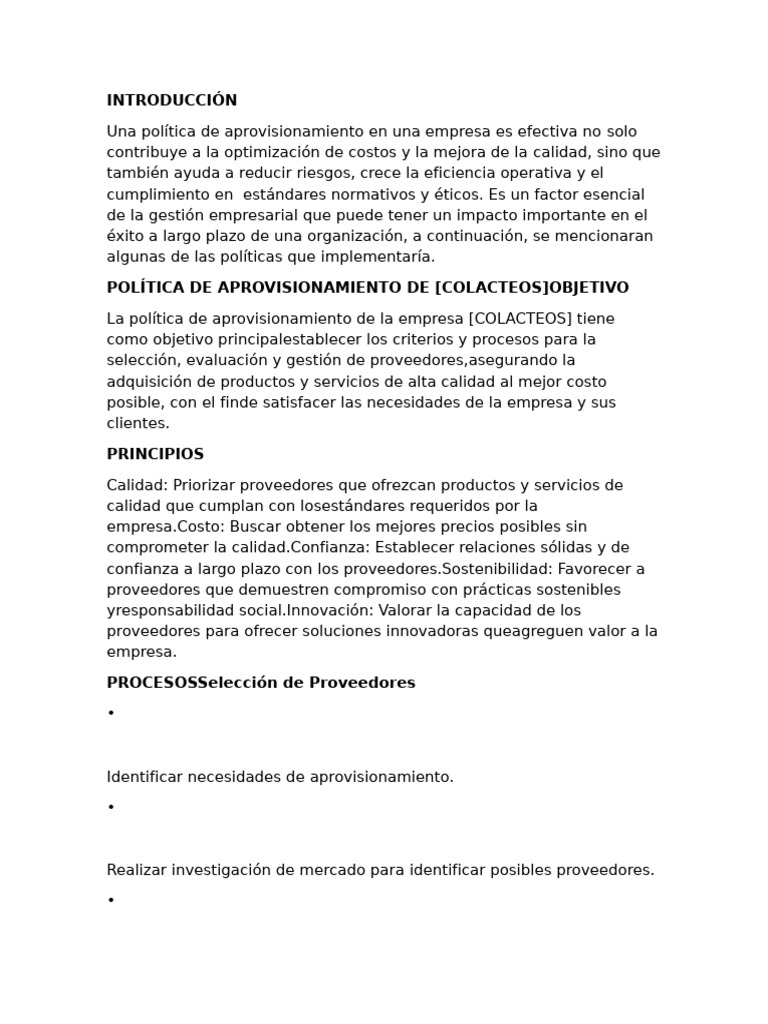 Política de Aprovisionamiento Eficiente | PDF | Calidad (comercial ...
