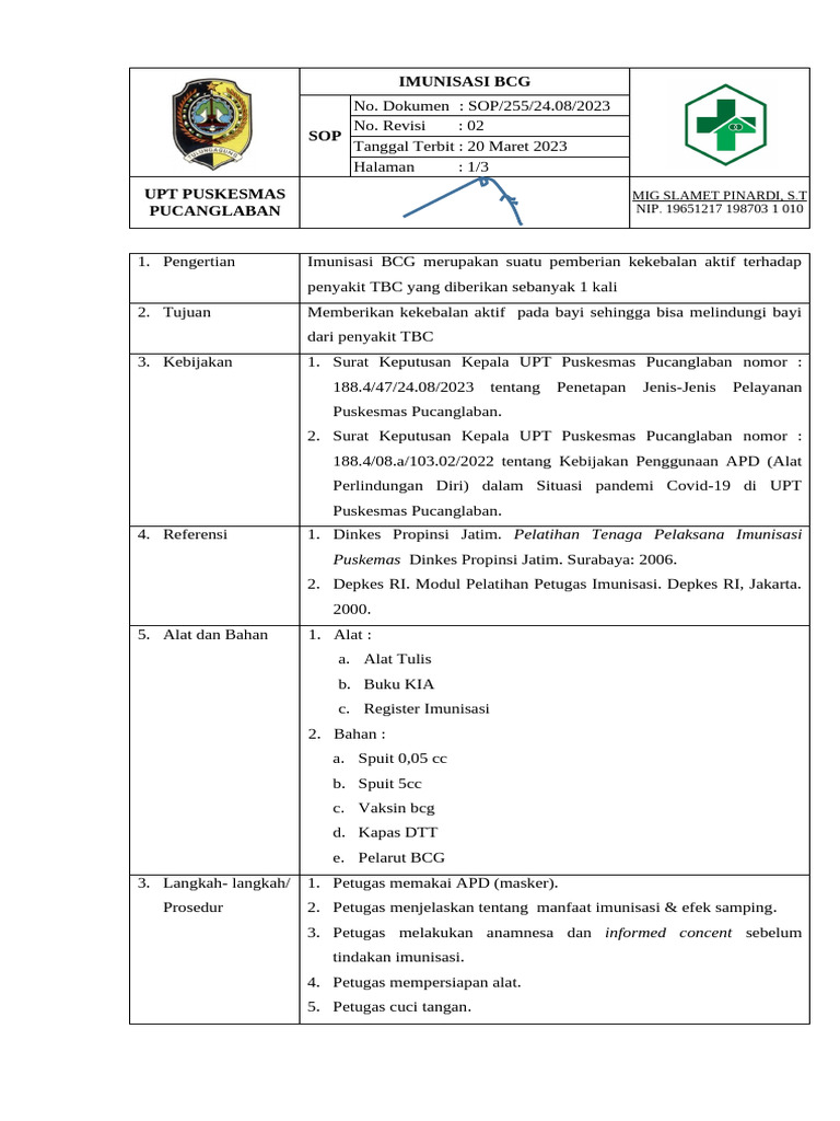 SOP Imunisasi BCG di Puskesmas | PDF
