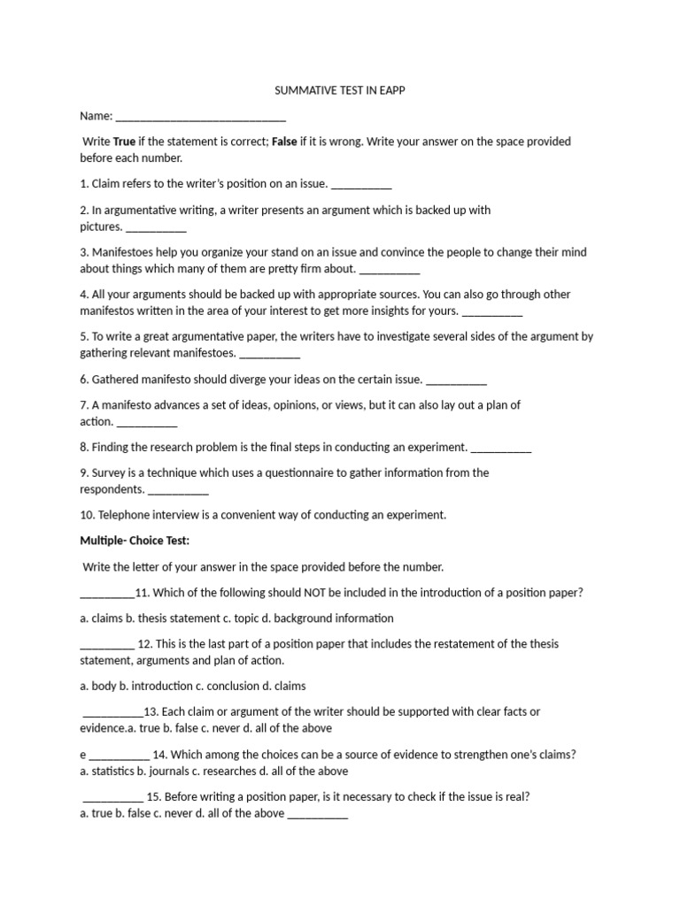 EAPP Summative Test: Argumentative Writing | PDF | Survey Methodology ...