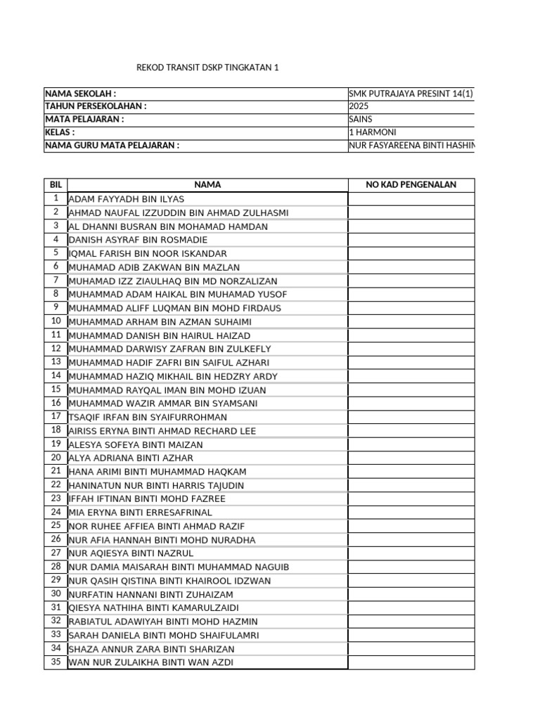 Rekod Transit Sains Tahun 1 | PDF