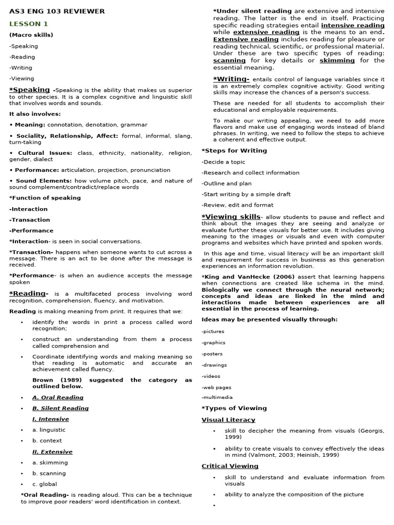 AS3 ENG 103 Language Skills Overview | PDF | Linguistics | Semantics