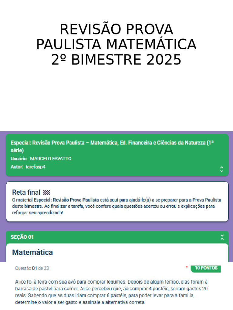 Revisão Prova Paulista Matemática 1 Série - 2º Bimestre 2025 | PDF