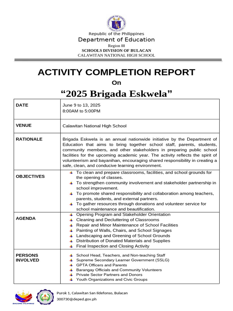 ACR for Brigada Eskwela 2025 | PDF | Learning
