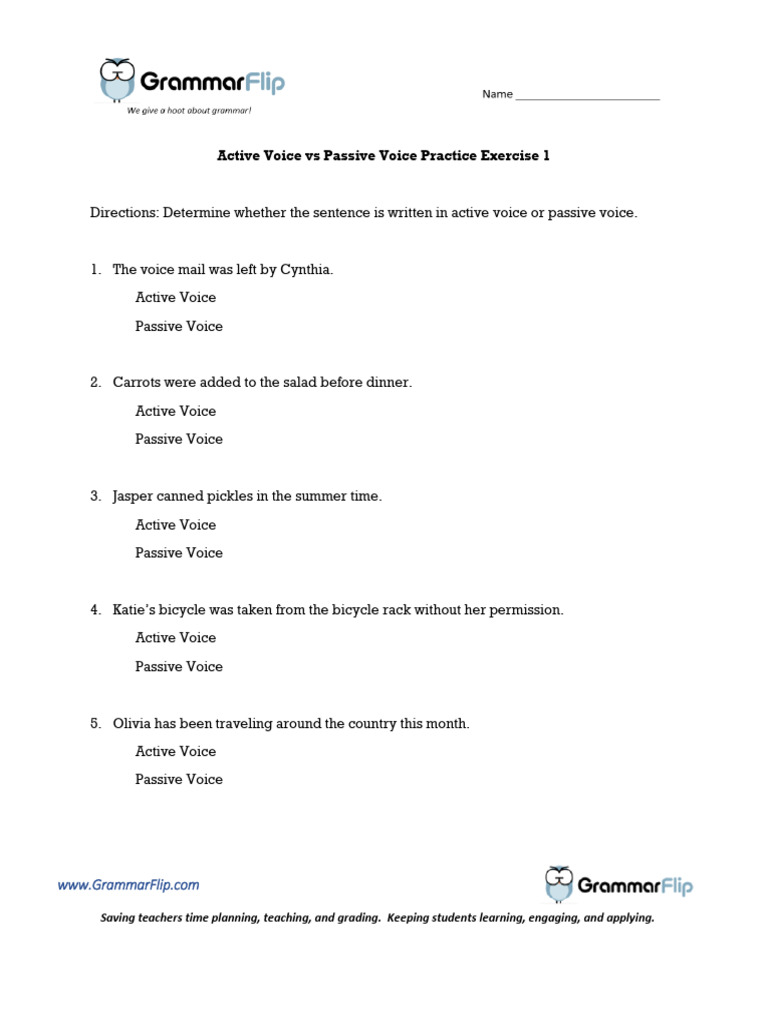 Active Voice Vs Passive Voice GrammarFlip Worksheet PE1 | PDF