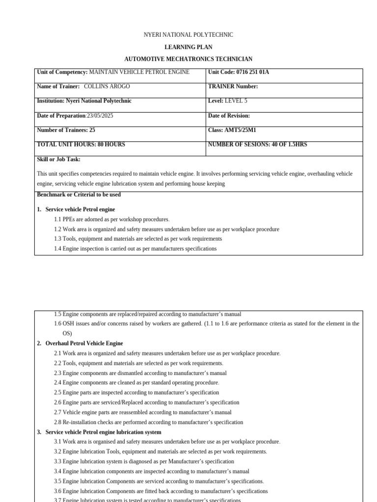 Automotive Mechatronics Learning Plan | PDF