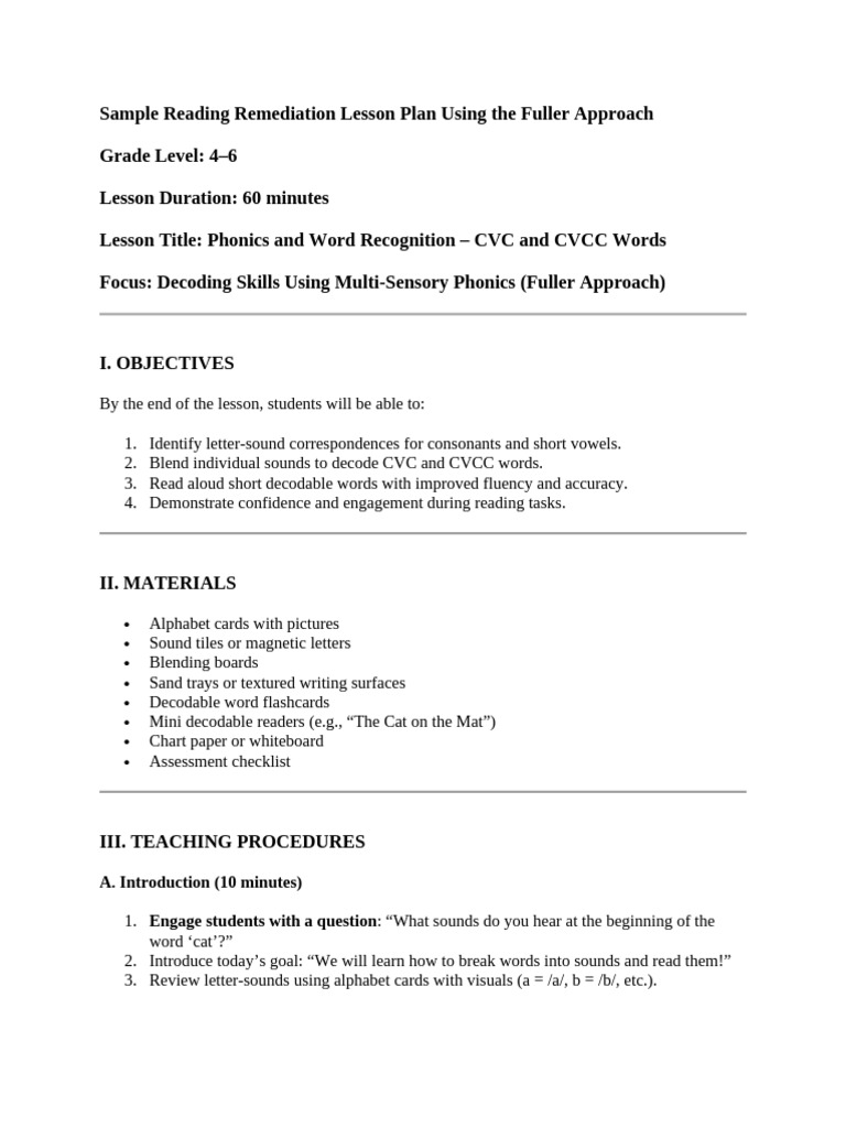 Sample Reading Remediation Lesson Plan Using The Fuller Approch Pdf