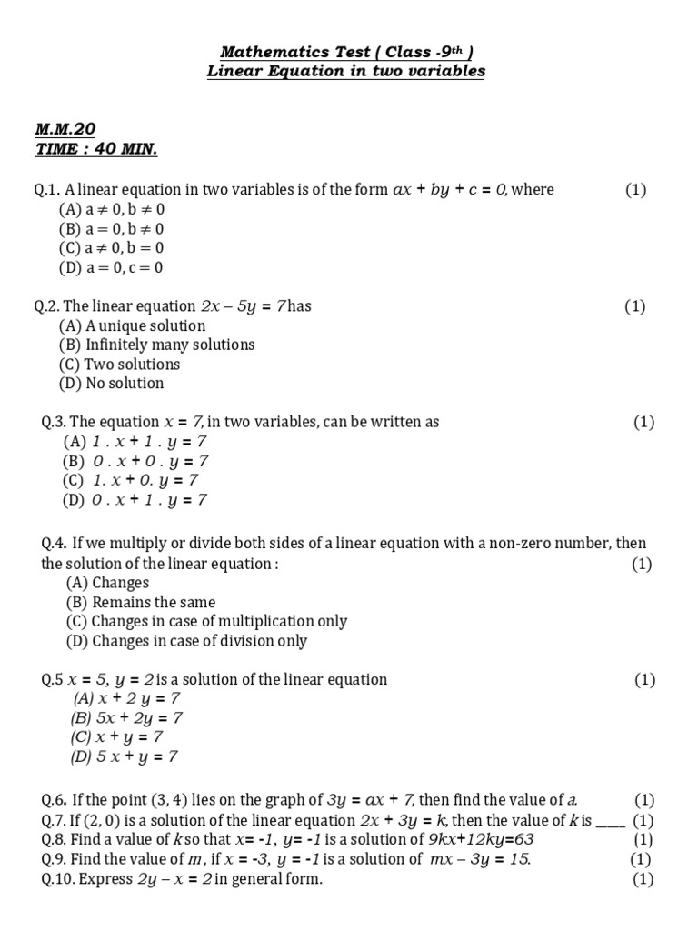 Mathematics Test (Class - 9) Linear Equation in Two Variables M.M.20 ...