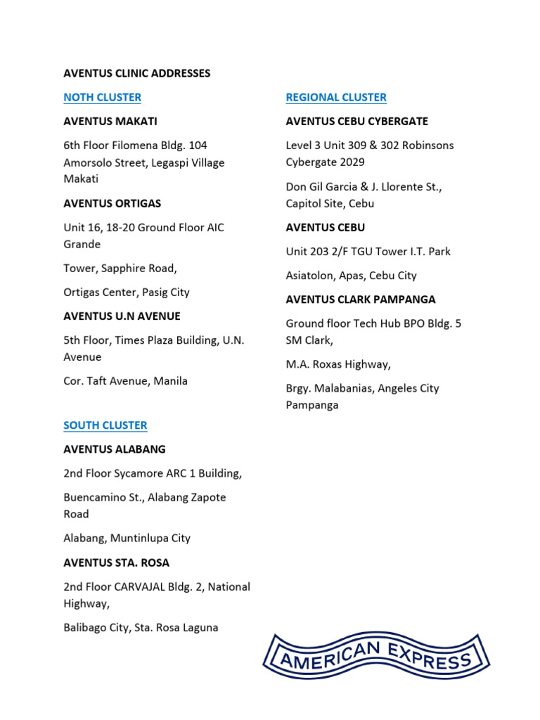 Aventus Clinic Locations and Addresses | PDF