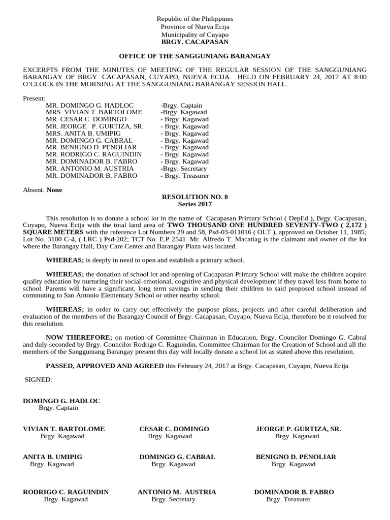 Resolution of Brgy. Cacapasan To Donate Lot in The Name of DepEd | PDF