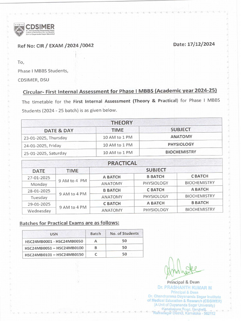 Phase I MBBS First Internal Assessment Time Table | PDF