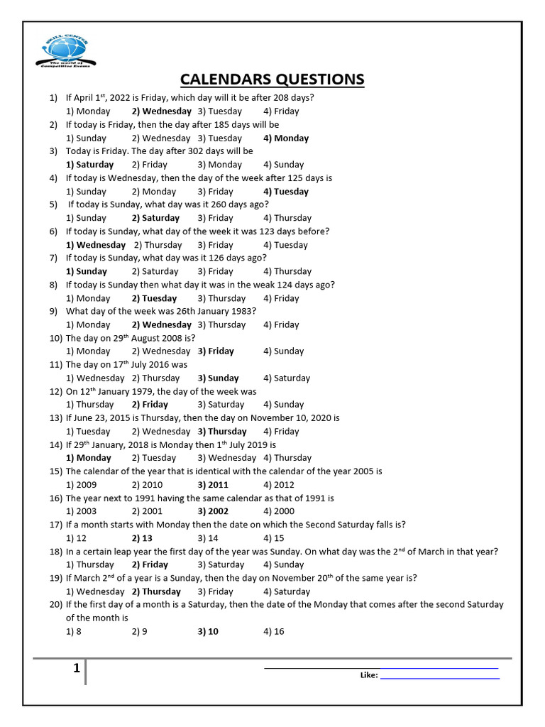 Calendar Questions for Competitive Exams | PDF