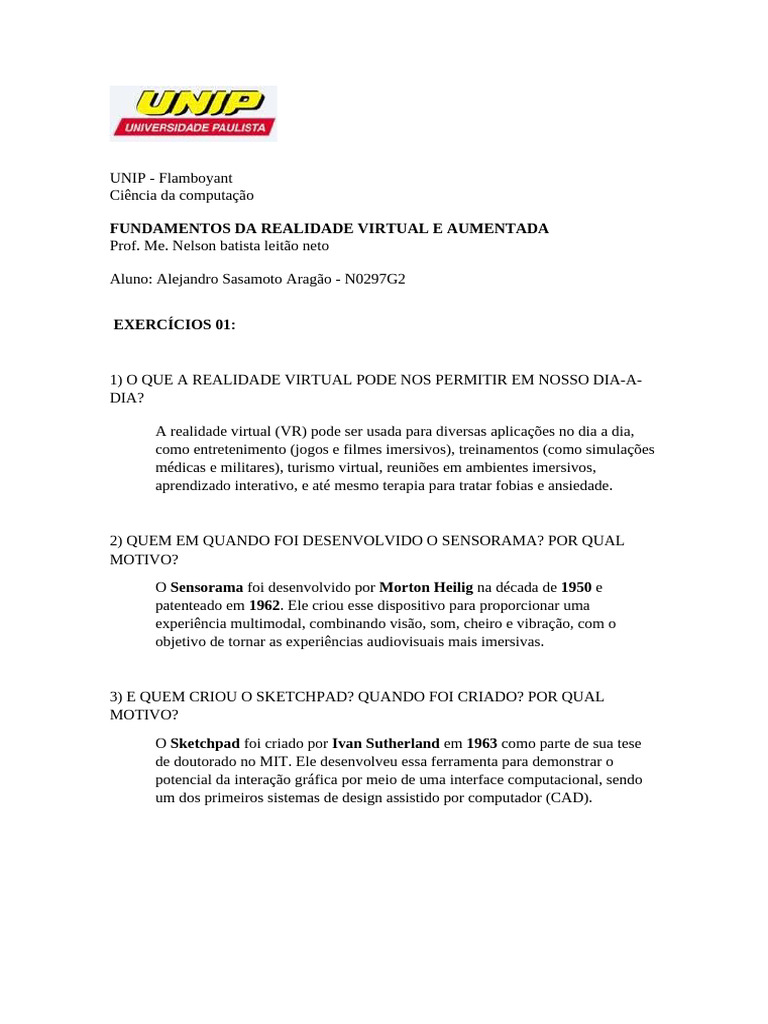 FRVA - Exercícios1 | PDF | Realidade virtual | Hardware de computador