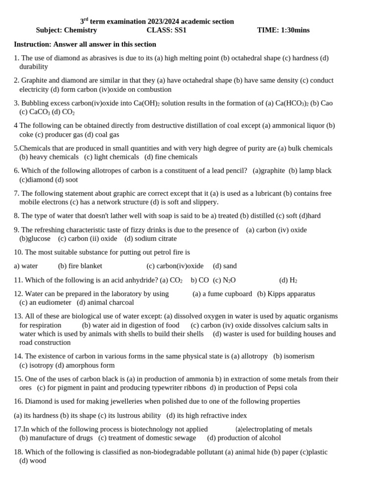 SS1 Chemistry 3rd Term Exam 2023/2024 | PDF | Carbon | Carbon Dioxide
