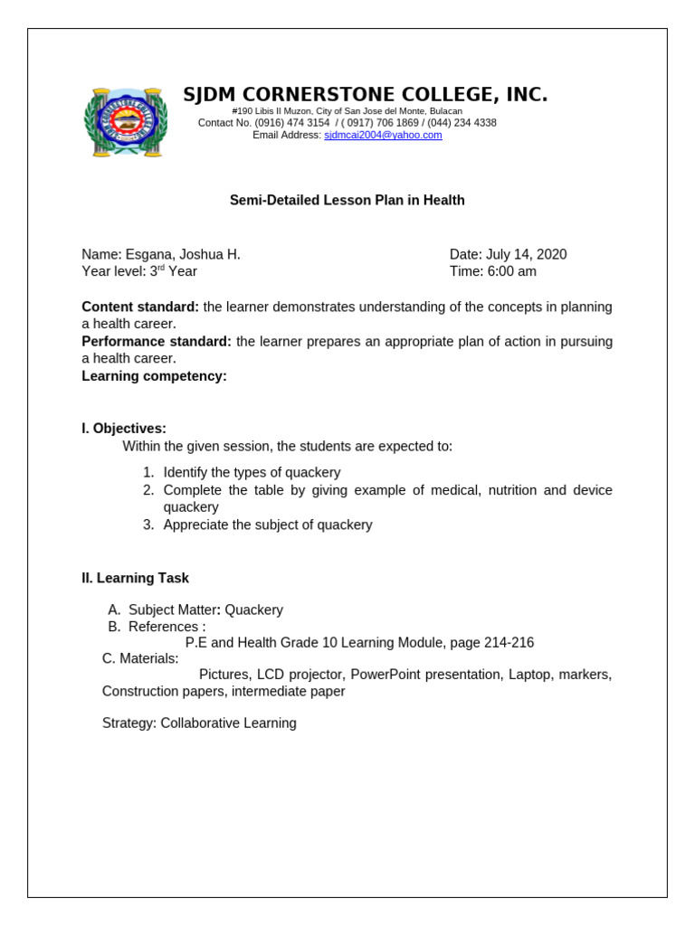 Detailed Lesson Plan | PDF | Learning