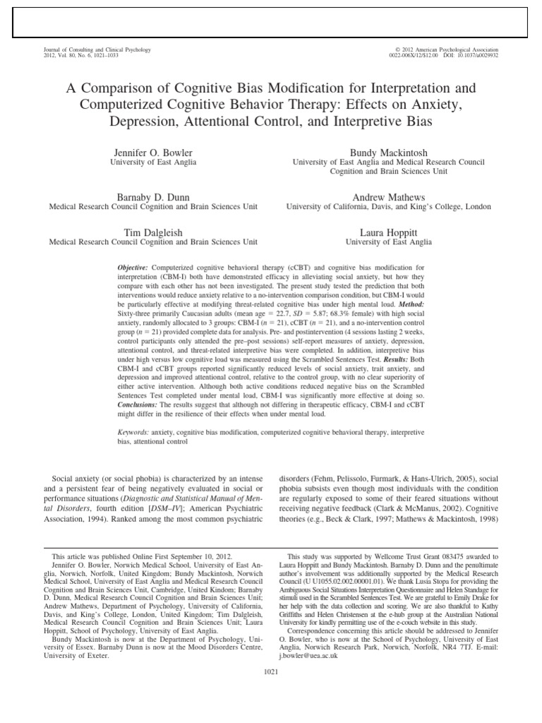 Comparing CBM-I and cCBT for Anxiety | PDF | Cognitive Behavioral ...