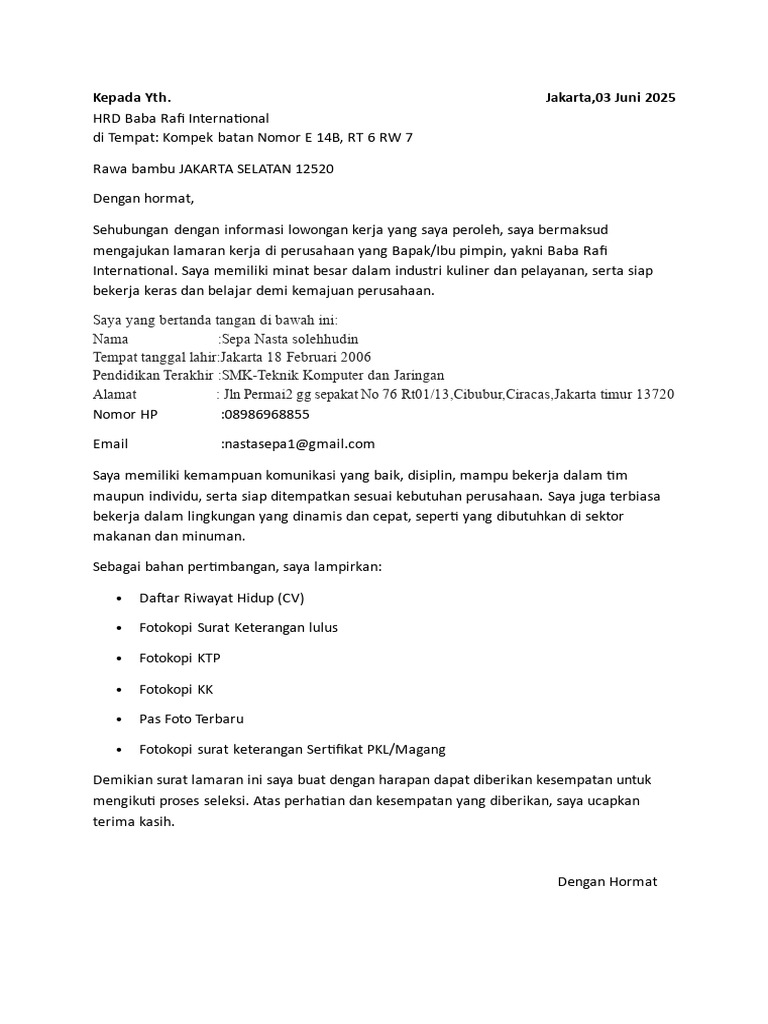 Surat Lamaran Kerja di Baba Rafi | PDF