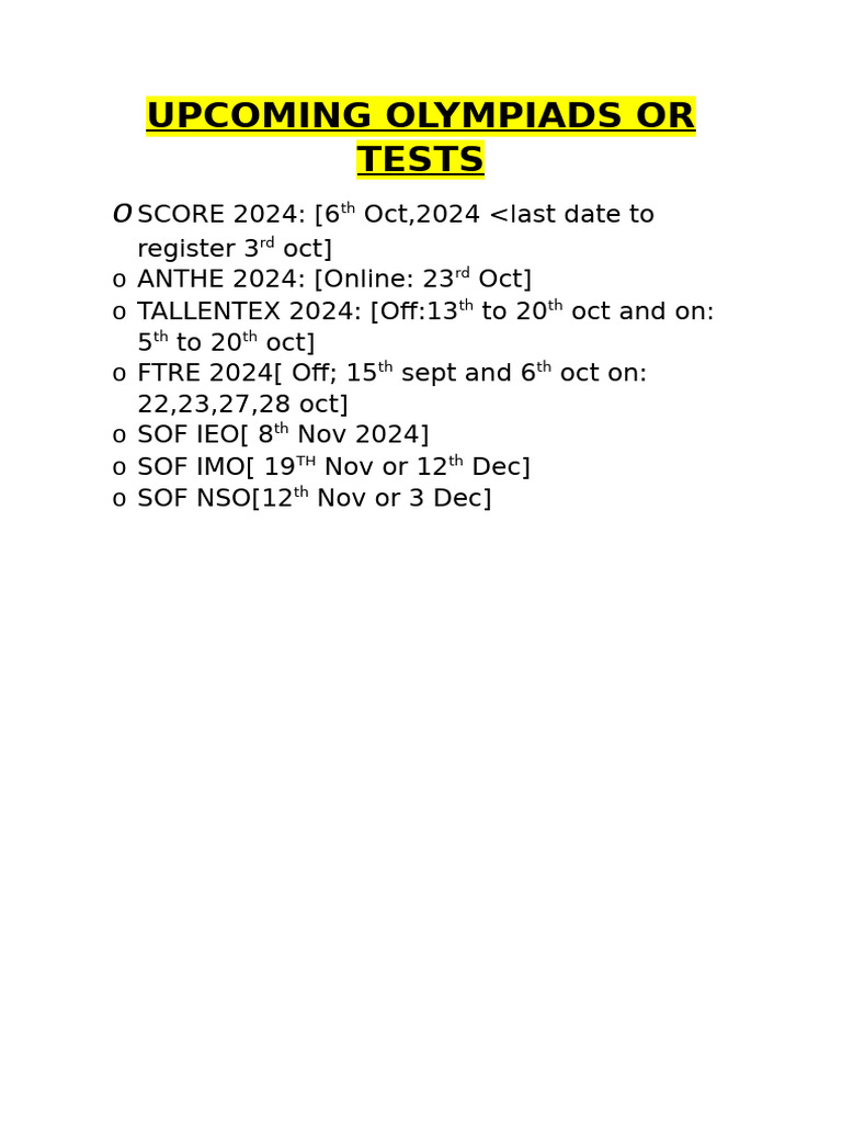 Upcoming Olympiad Exam Dates 2024 | PDF