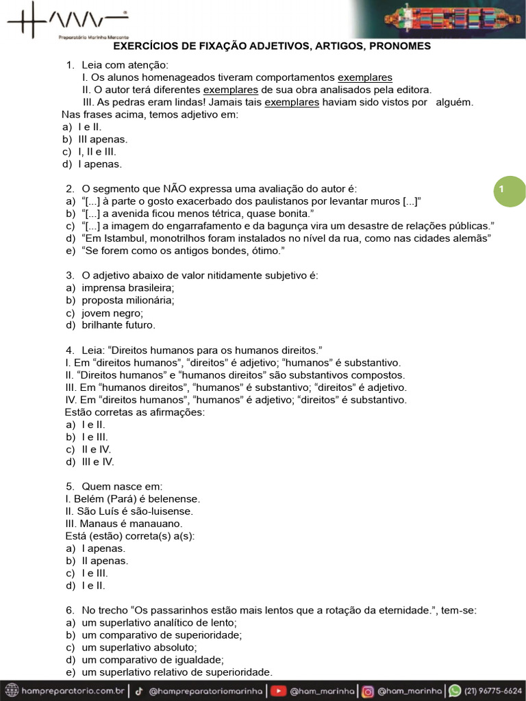 Exercícios sobre Adjetivos e Classificação | PDF | Pronome | Adjetivo