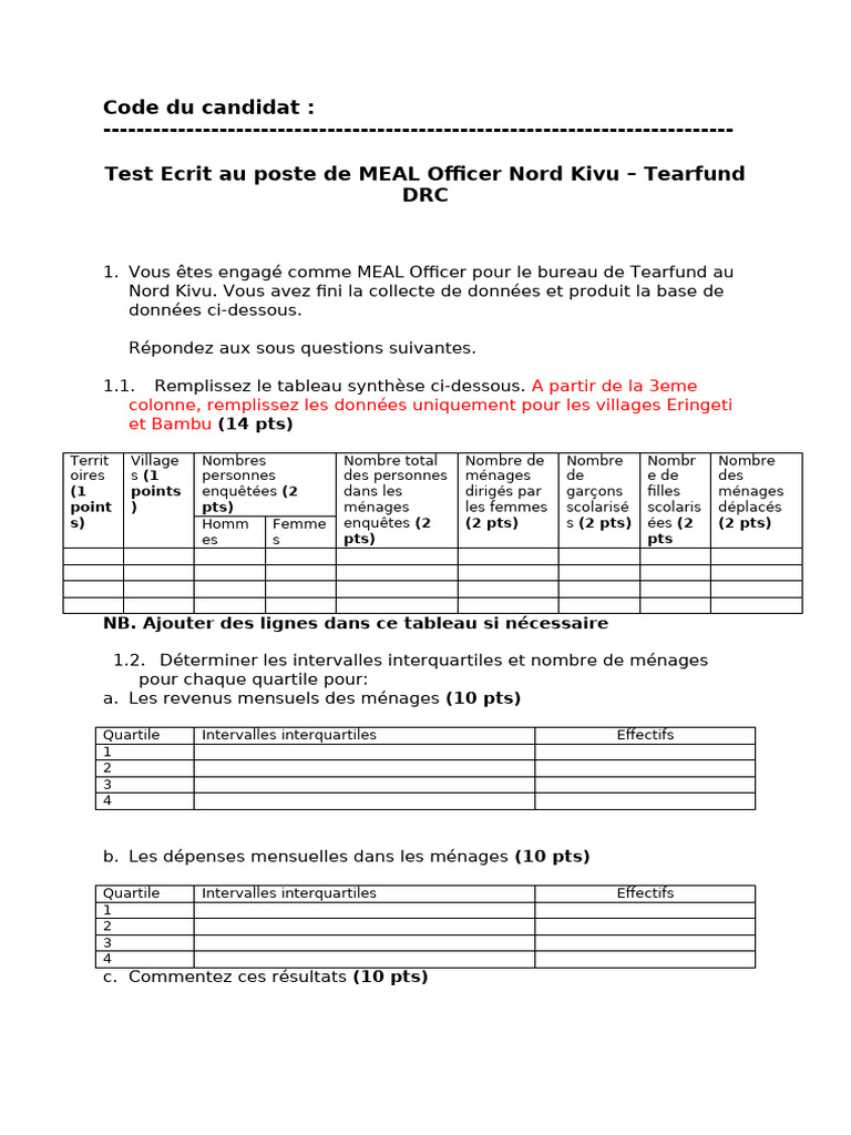 Test Ecrit Au Poste de MEAL Officer Questionnaire | PDF