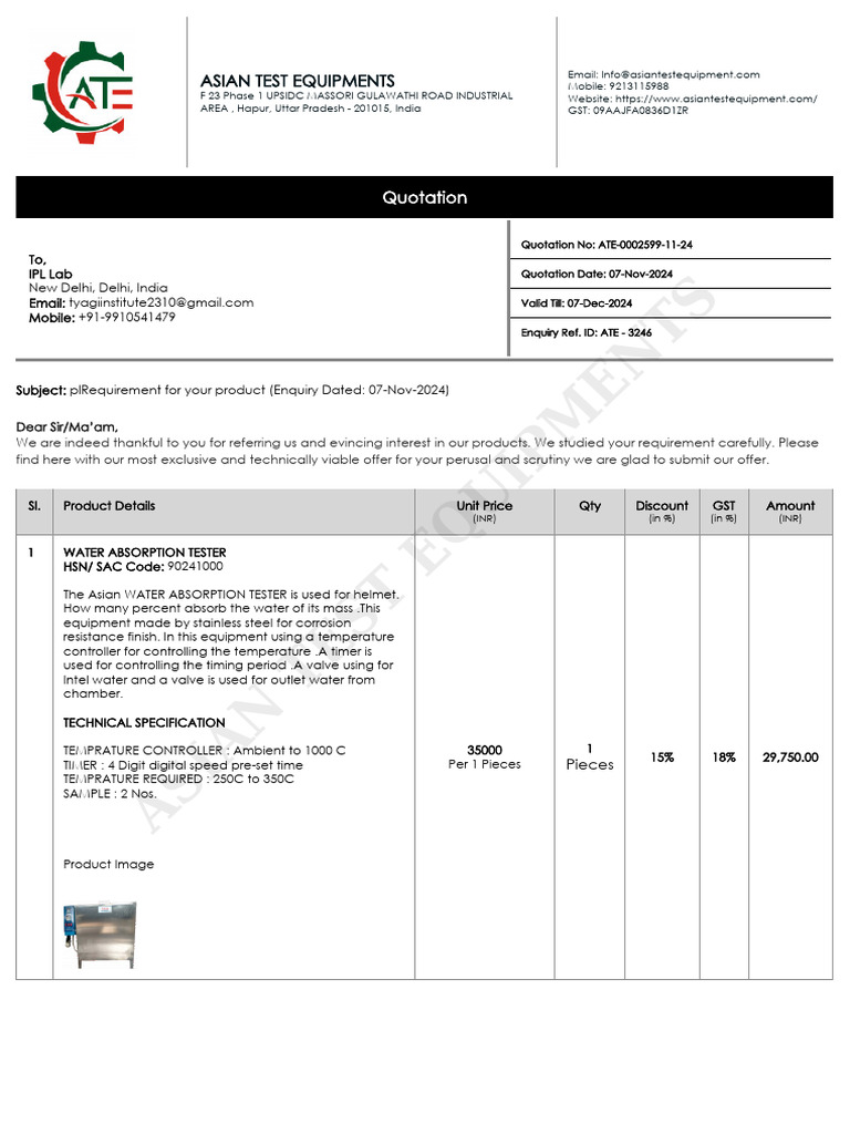 Quotation for IPL Lab Equipment | PDF | Shoe | Engines