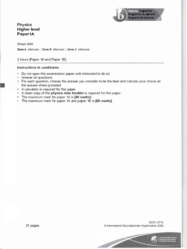 IB Physics Higher Level Paper 1A Exam 2025 | PDF | Waves | Physical ...