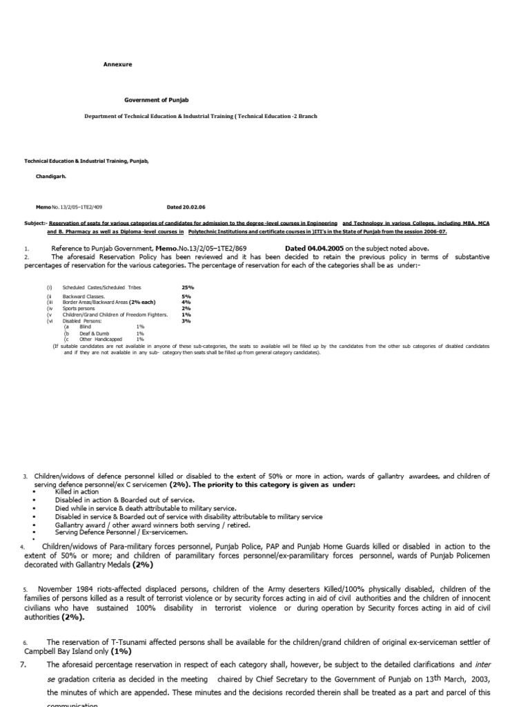 Punjab Admission Seat Reservation Policy | PDF | University And College ...