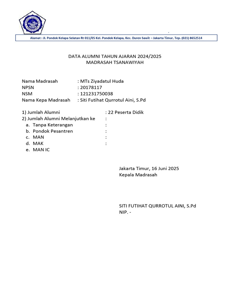 Data Alumni MTs Ziyadatul Huda 2024/2025 | PDF
