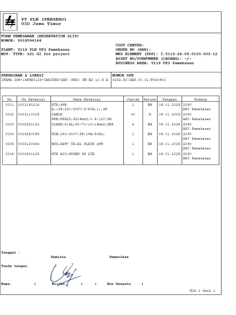 Form Pemesanan Material PLN Pamekasan | PDF