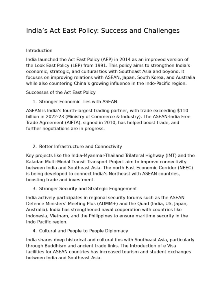 India's Act East Policy Success and Challenges | PDF | International ...