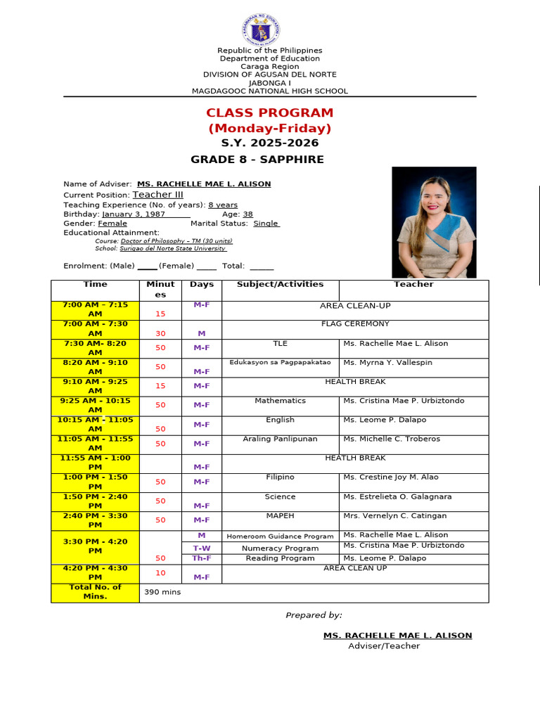 Grade 8 Class Program 2025-2026 | PDF | Learning