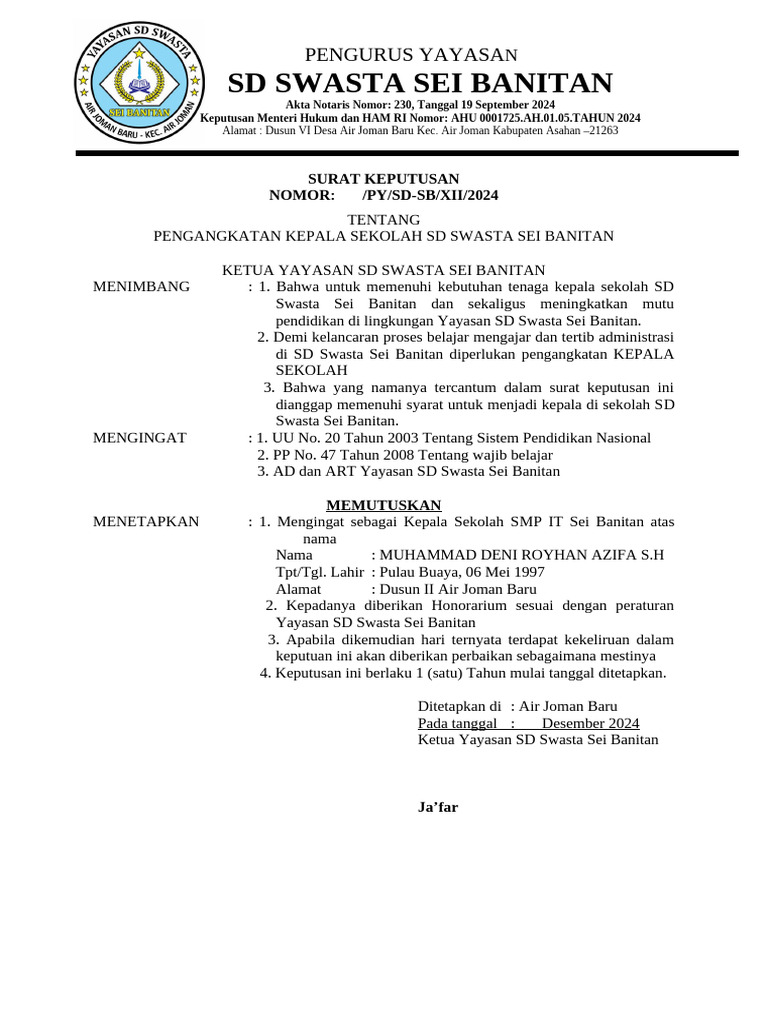 Pengangkatan Kepala Sekolah SD Sei Banitan | PDF