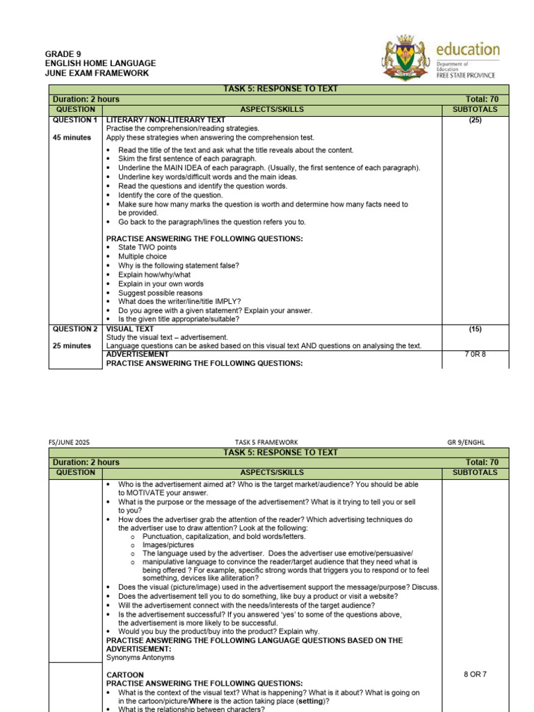 Grade 9 English Exam Framework Guide | PDF | Reading Comprehension ...