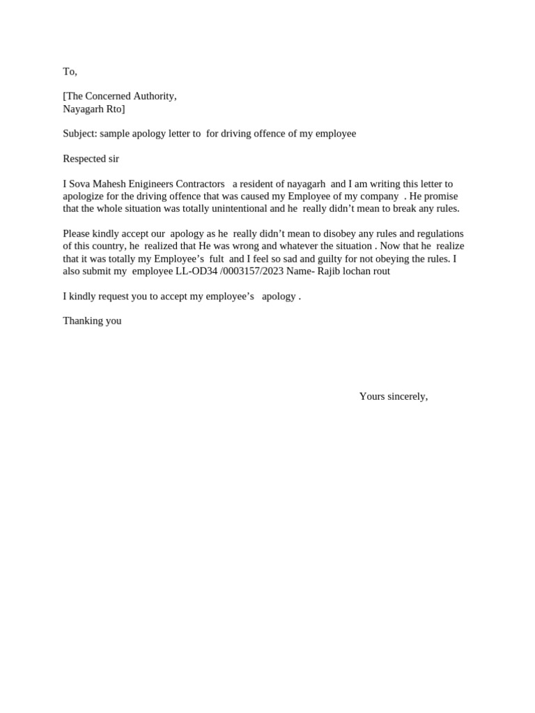 Apology Letter for Employee Driving Offense | PDF