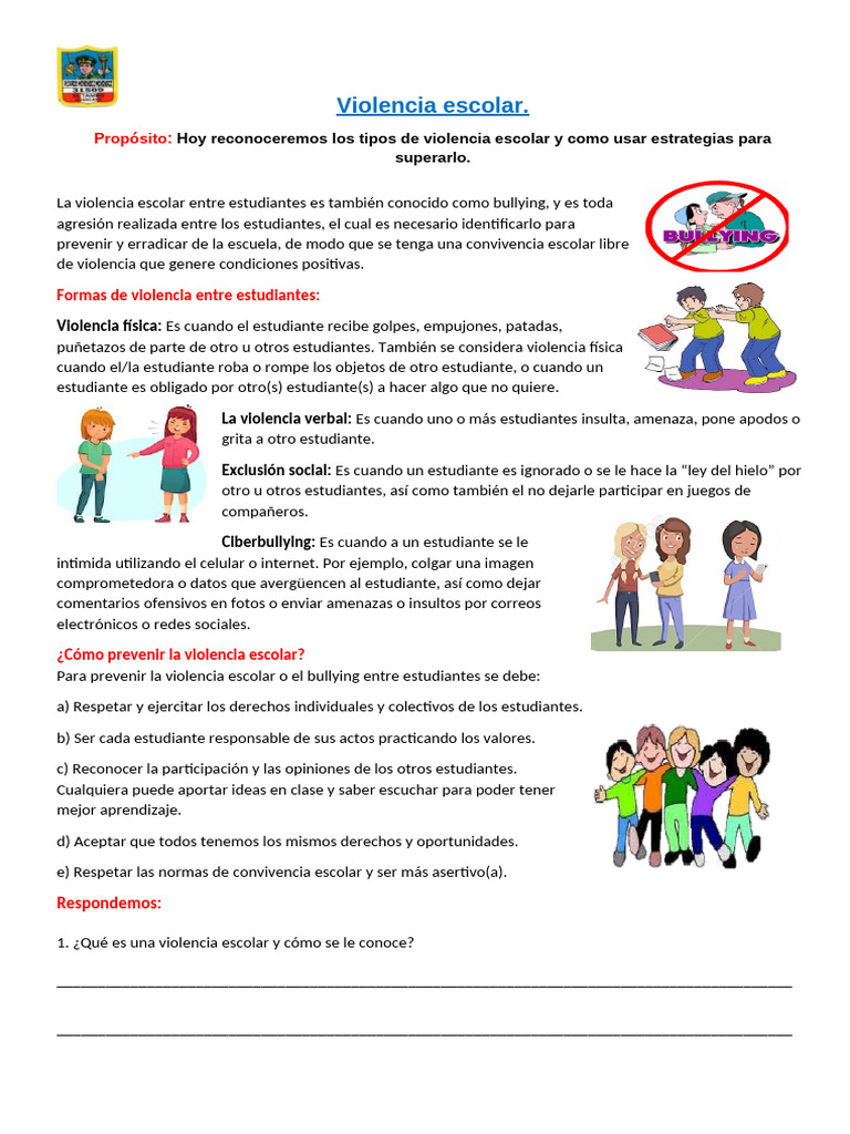 Tipos y Prevención de Violencia Escolar | PDF | Violencia | Acoso ...