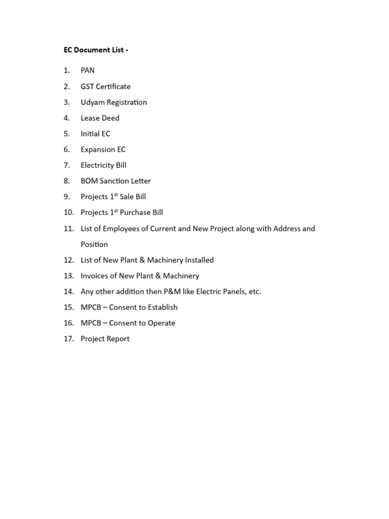 EC Document Checklist | PDF