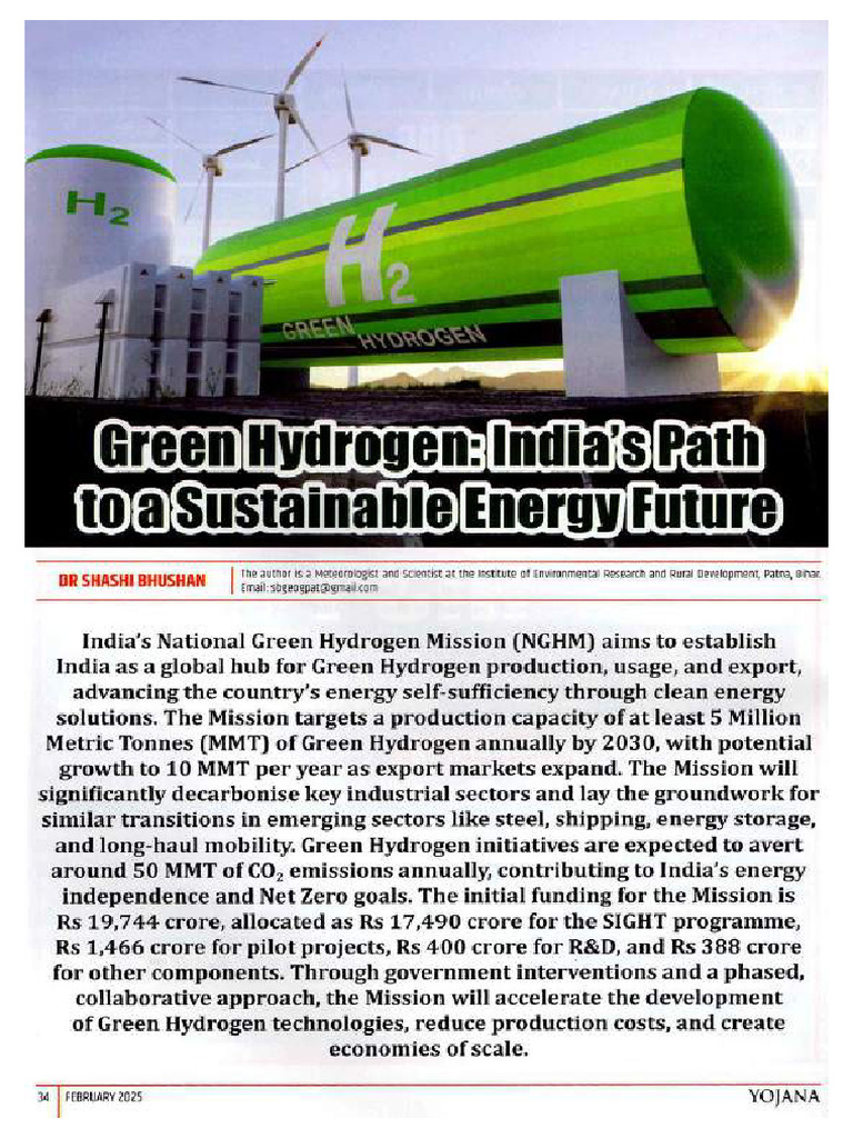Yojana Green Hydrogen Indias Path To A Sustainable Energy Future | PDF