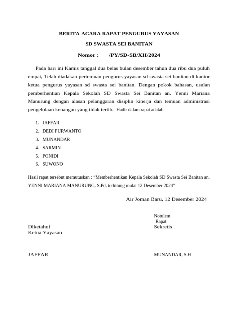 Pemberhentian Kepala Sekolah SD Sei Banitan | PDF