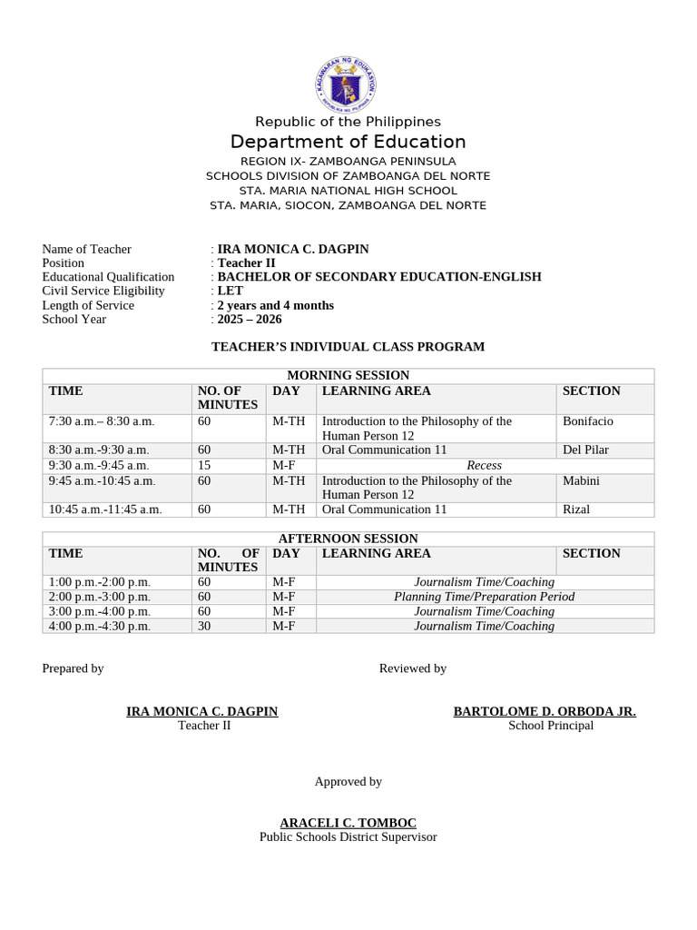 Teacher Class Program for 2025-2026 | PDF | Philippines