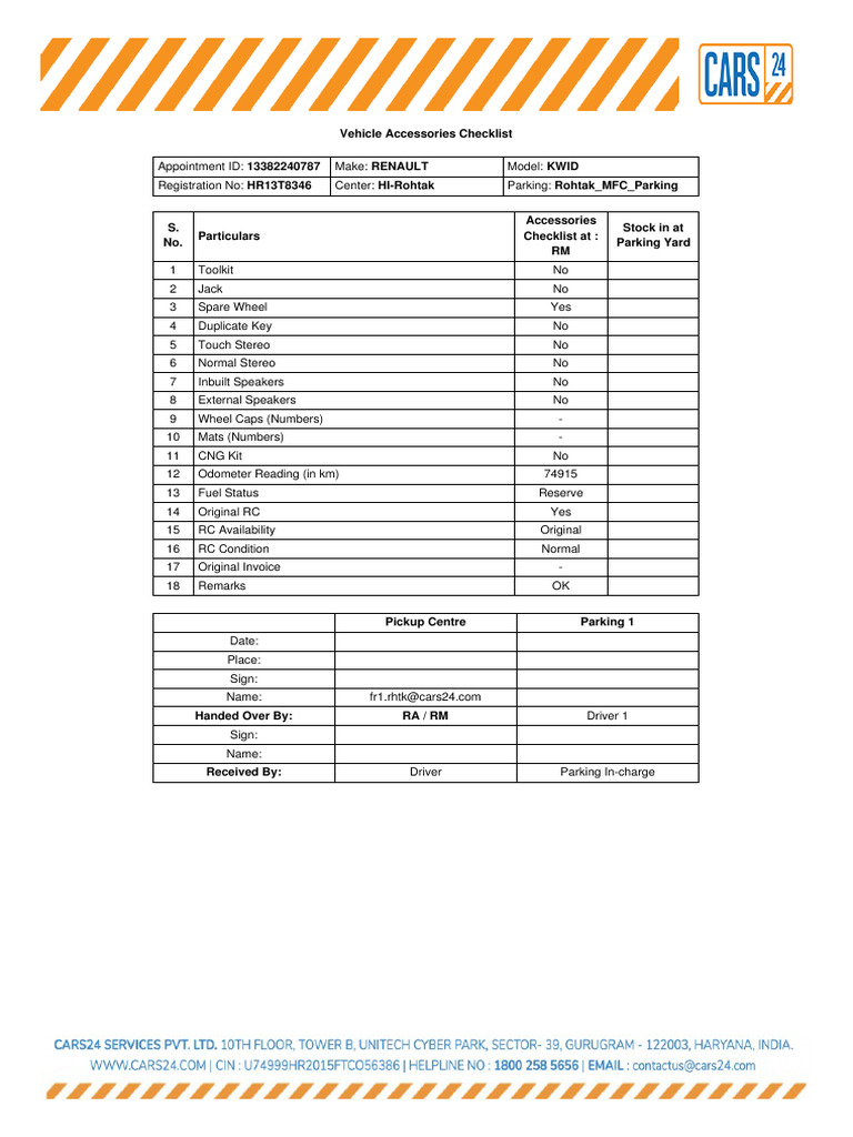 Vehicle Accessories Checklist | PDF