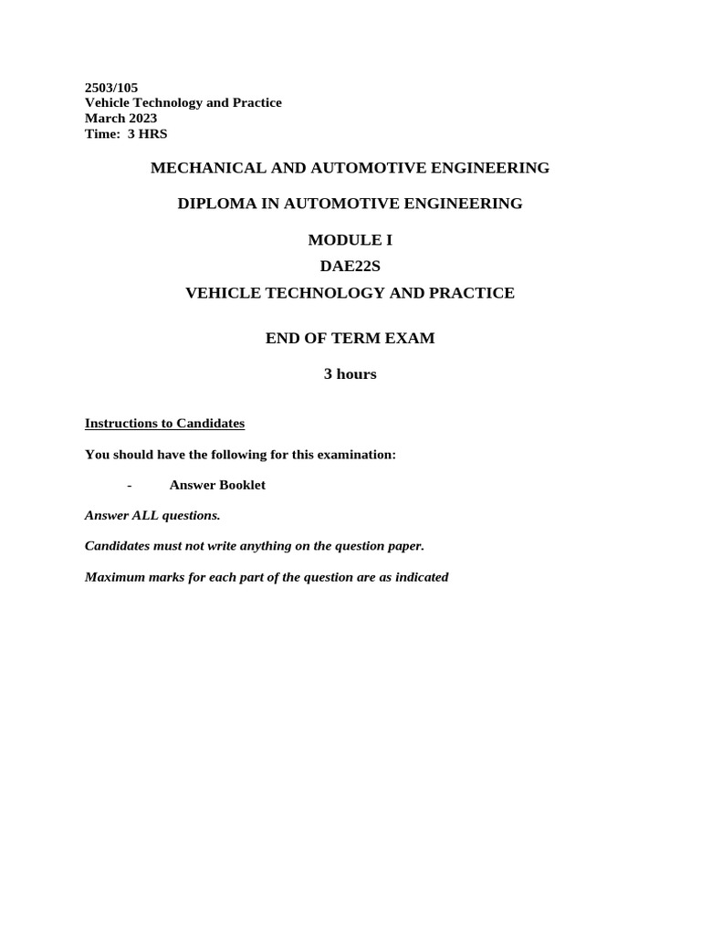 Vehicle Technology Exam Guide | PDF