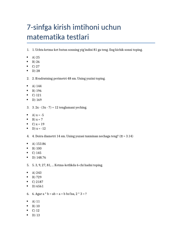 7 sinf matematika testlar