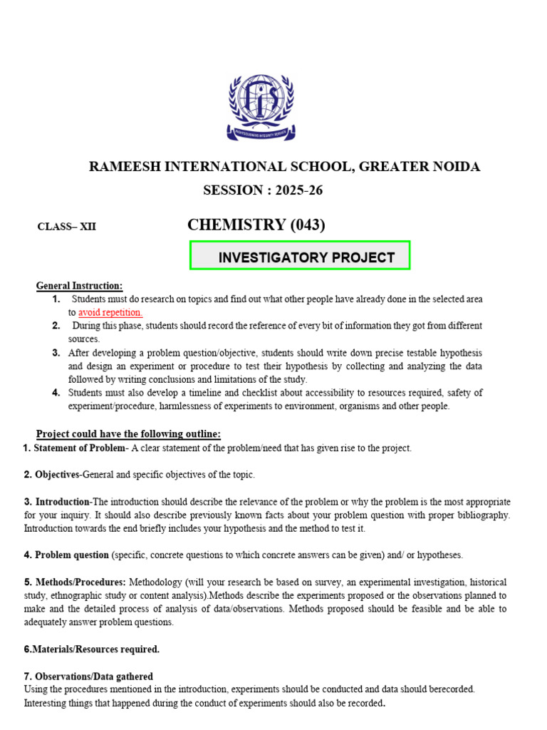 Class 12 Chemistry Project Topics 2025-26 | PDF | Experiment | Hypothesis