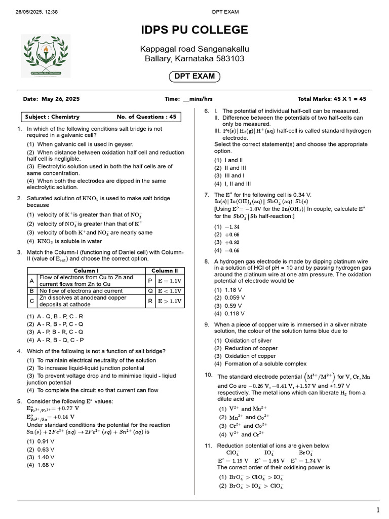 DPT Exam | PDF | Gibbs Free Energy | Redox