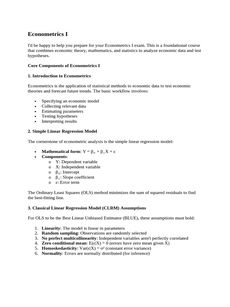 Econometrics I Exam Prep Guide | PDF | Econometrics | Errors And Residuals