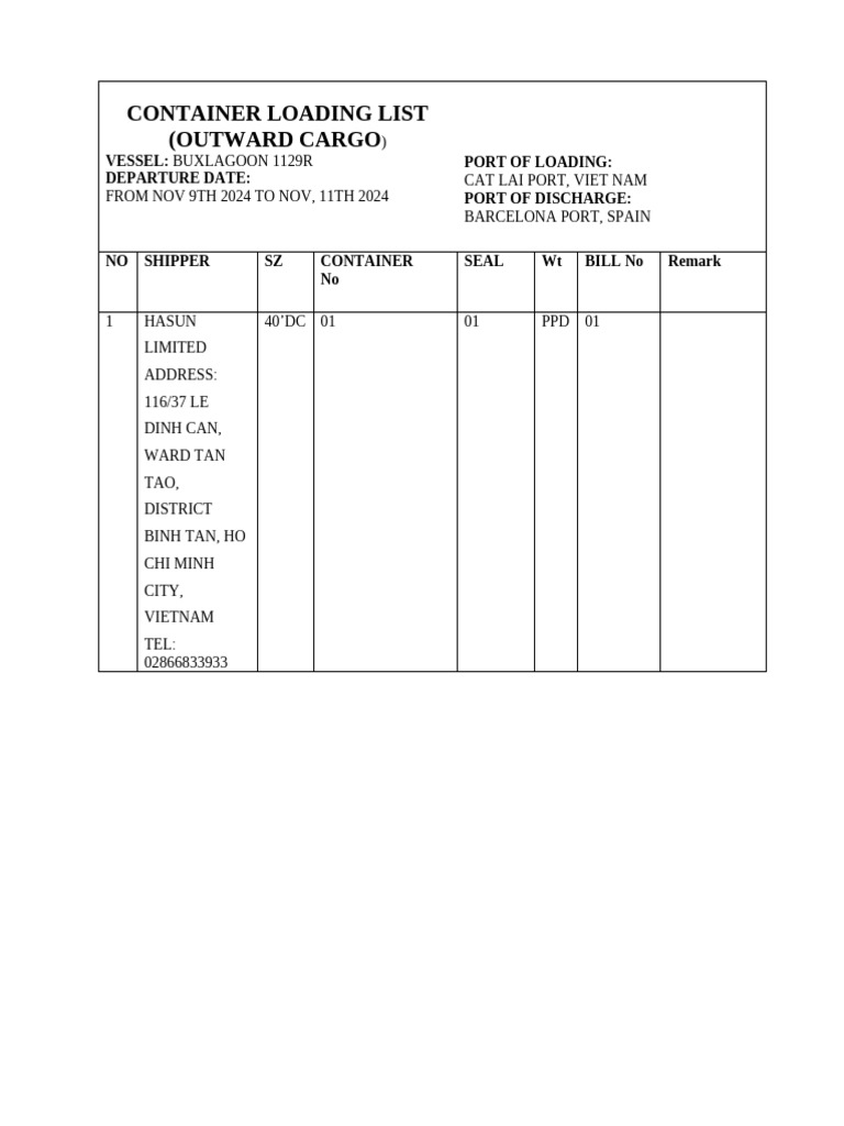 Container Loading List for Buxlagoon 1129R | PDF